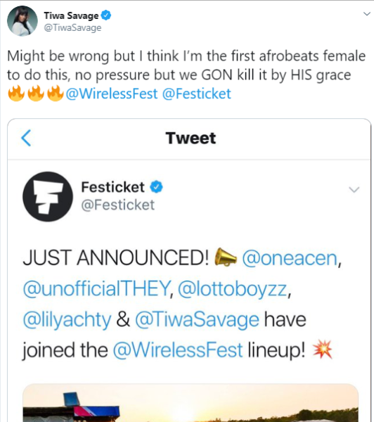 Tiwa Savage Becomes First Female Afrobeat Artiste To Perform At Wireless Festival, See Full Lineup 10