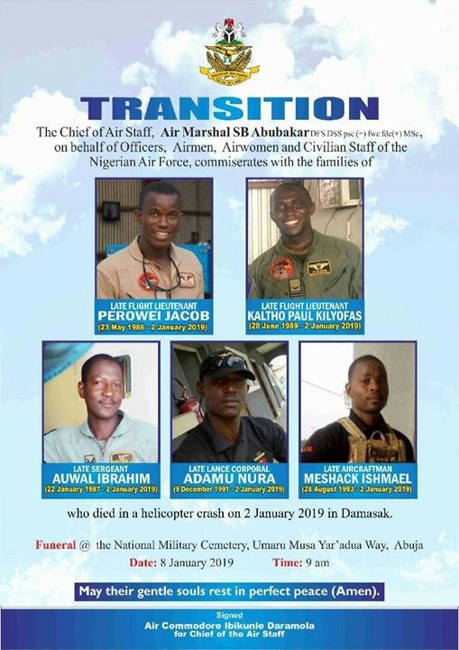 Nigerian Air Force announces burial date of five personnel who died in helicopter crash while fighting Boko Haram 5