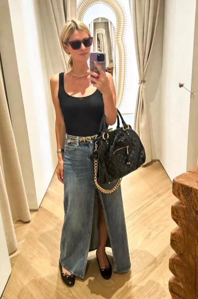 Nicky Hilton Dresses Up Denim Maxi Skirt During Shopping Day with Olivia Palermo